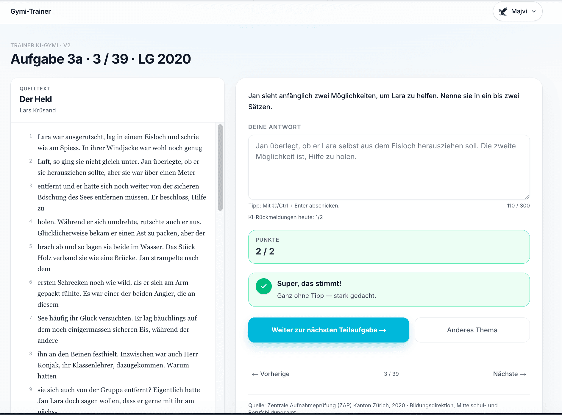 Beispielaufgabe im Gymi-Trainer mit Rückmeldung und Lösung