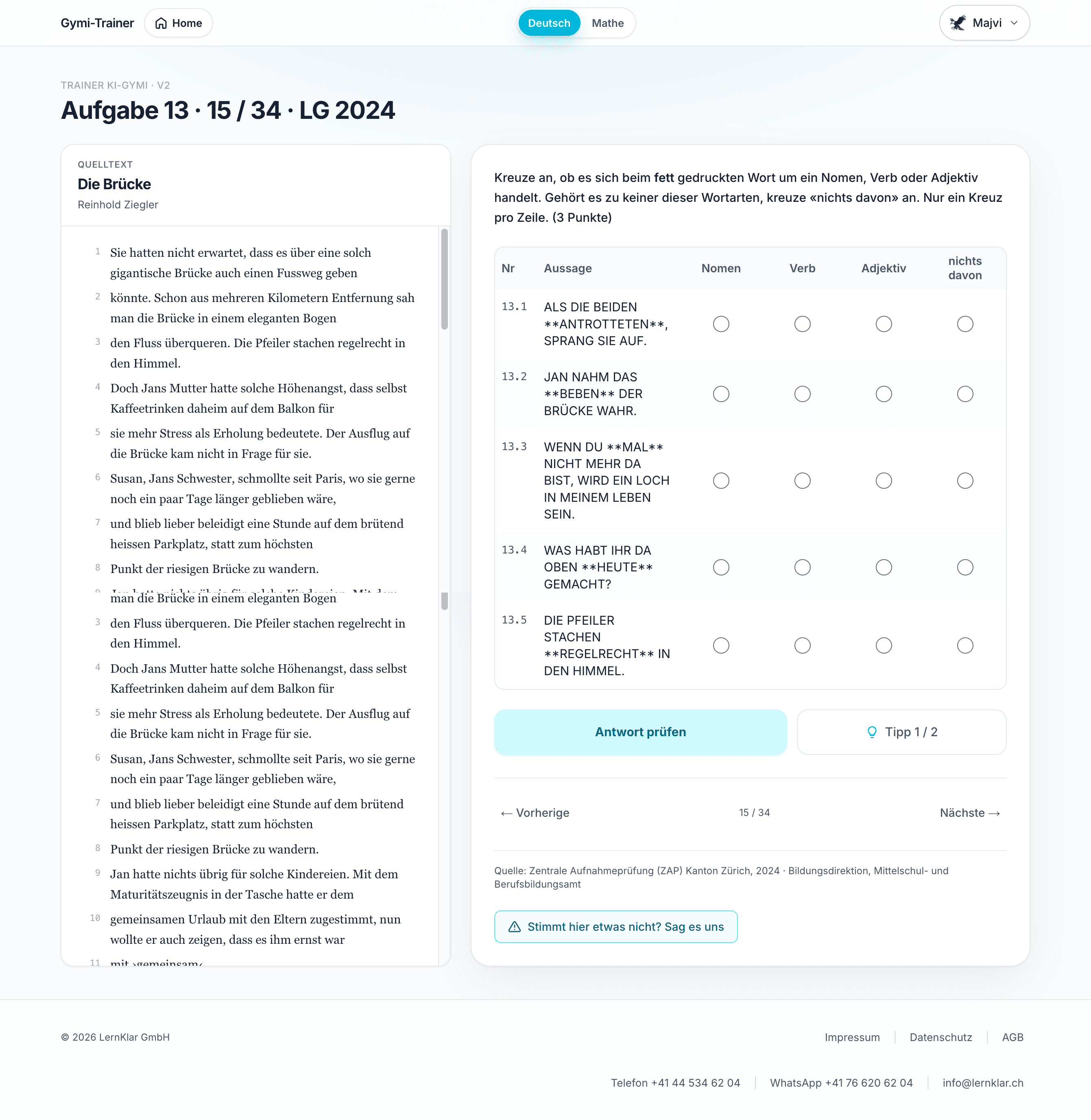 Deutsch-Aufgabe im Gymi-Trainer mit Quelltext und Lösungsfeldern